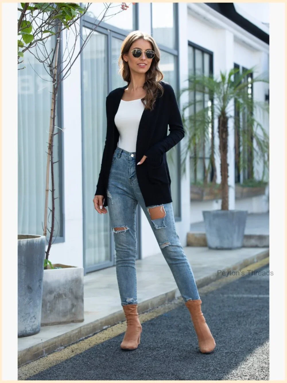 Open Front Cardigan with Pockets, 80% Viscose 20% Nylon Knit